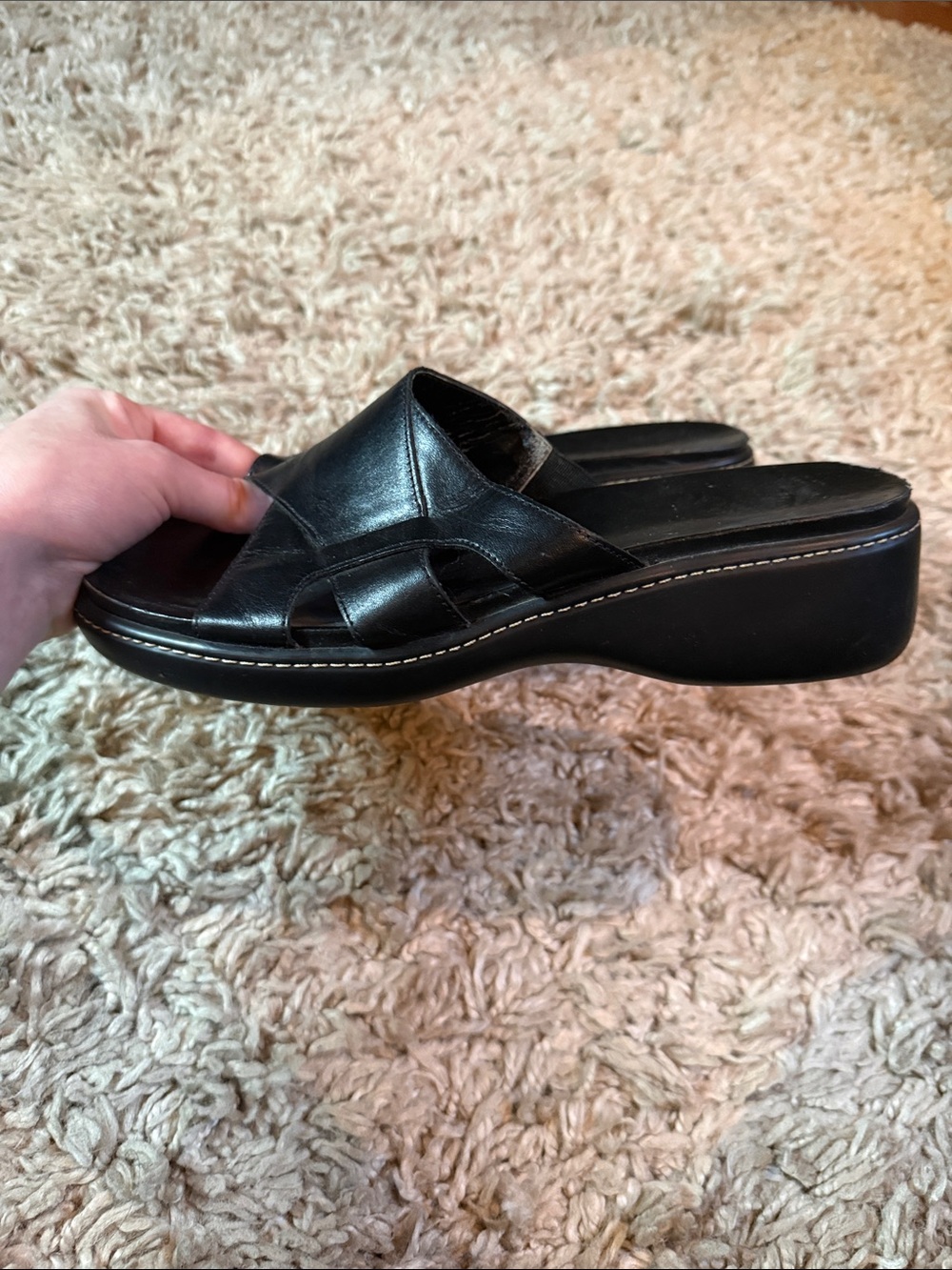Vintage Y2K Rockport Black Leather Platform Wedge Mules Sandals